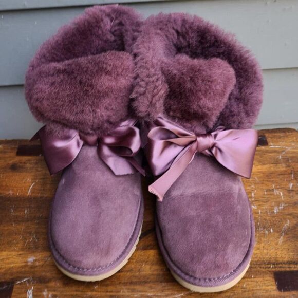 UGG Gita Bow Mini Boot Eggplant Purple Suede Shearling size 7 - Picture 6 of 11